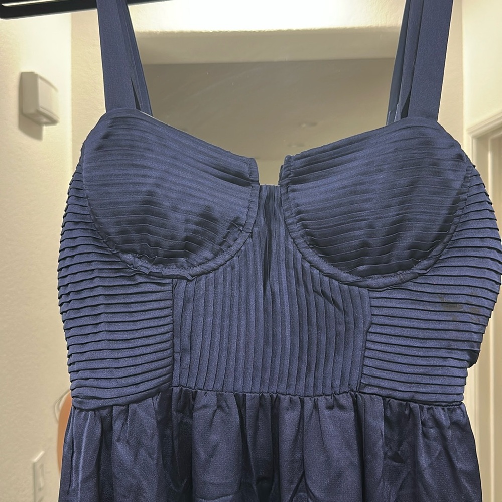 Astr Pleated Bustier Midi Dress Navy Blue NWT Size Large